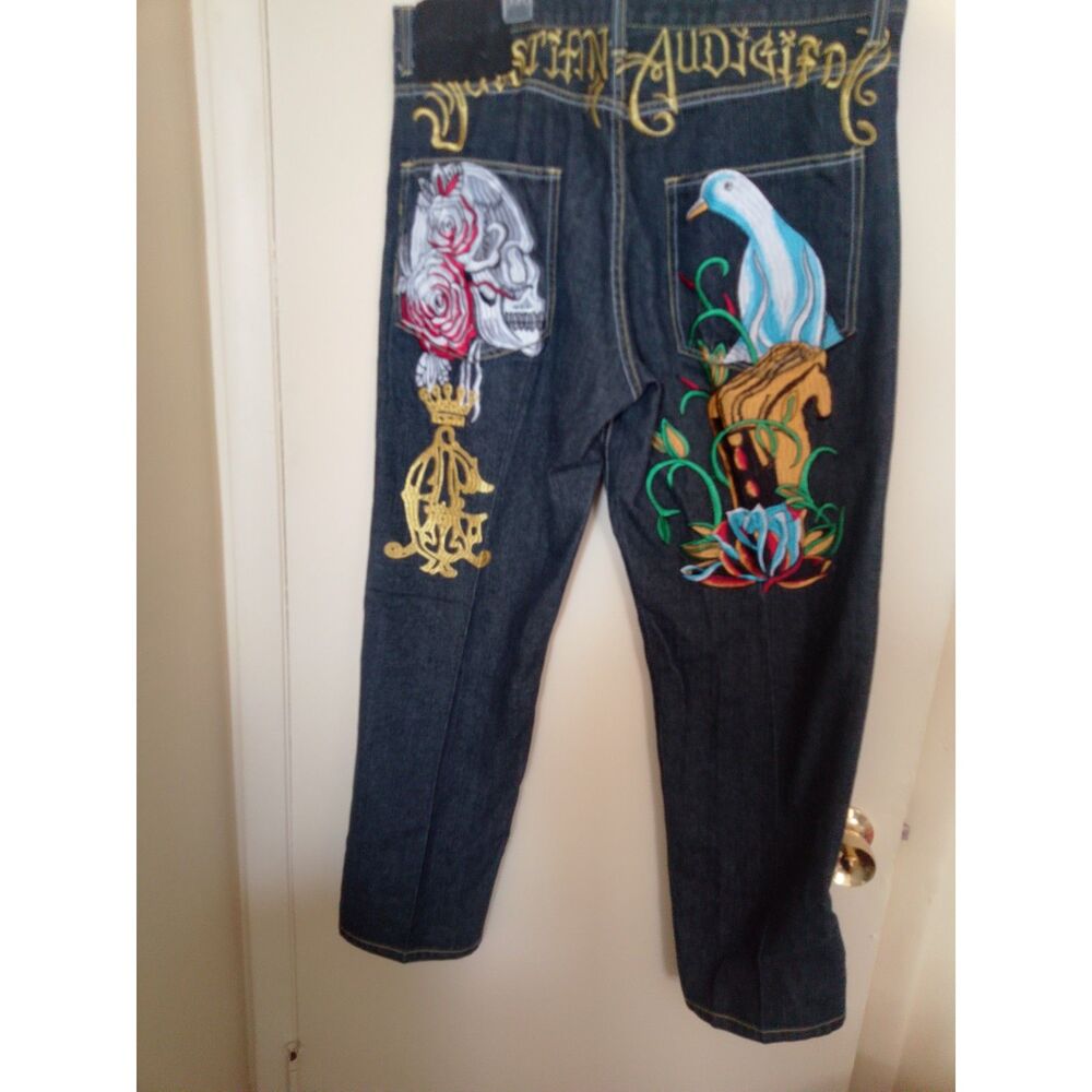 Vintage Christian Audigier Jeans Men's 38x30 Dark Wash Wide Leg